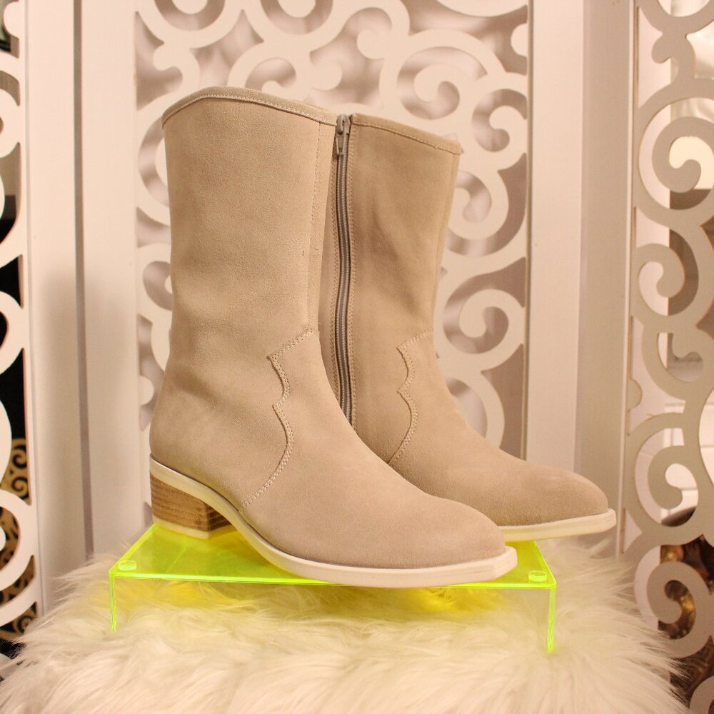 Beige Suede Block Heel Boots, Size 37
